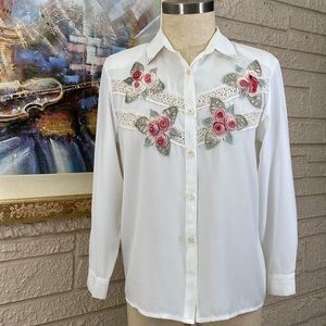 SaraMode Vintage Rose Embroidery Lace Design Button Up Shirt Top